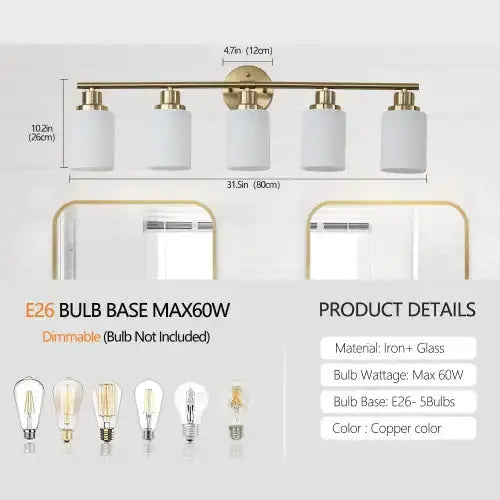 5 Lamps Gold Bathroom Vanity Lamp, Frosted Glass Shade, Modern Wall Mounted Lighting - No Bulbs Unavailable Platforms- Temu - Puck's