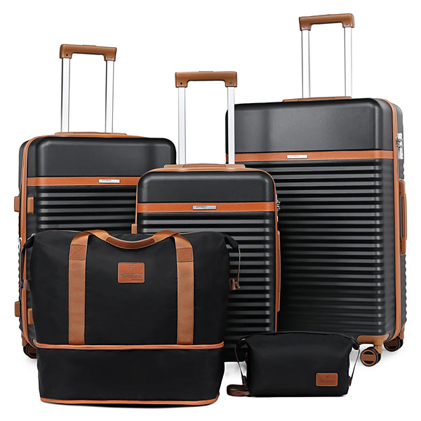 - 5 Luggage Sets ABS Hardside Spinner Luggage -(Expandable Suitcase20"24")28-In Checked Luggage-Black - Puck's
