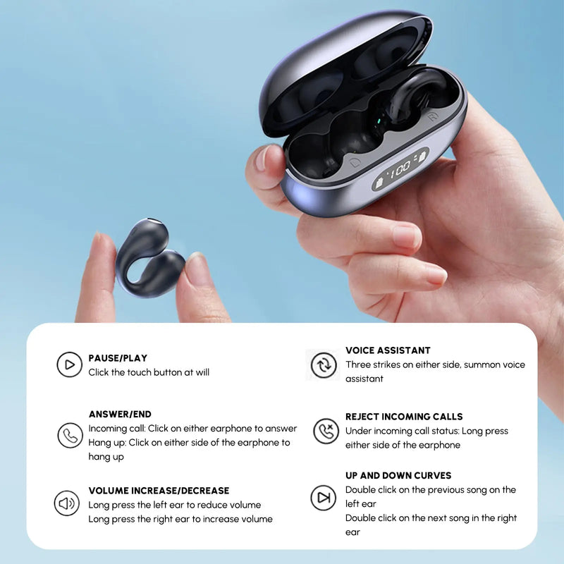 5.3 Bluetooth Open Ear Clip Wireless Earbuds with Earhooks & Digital - Puck's