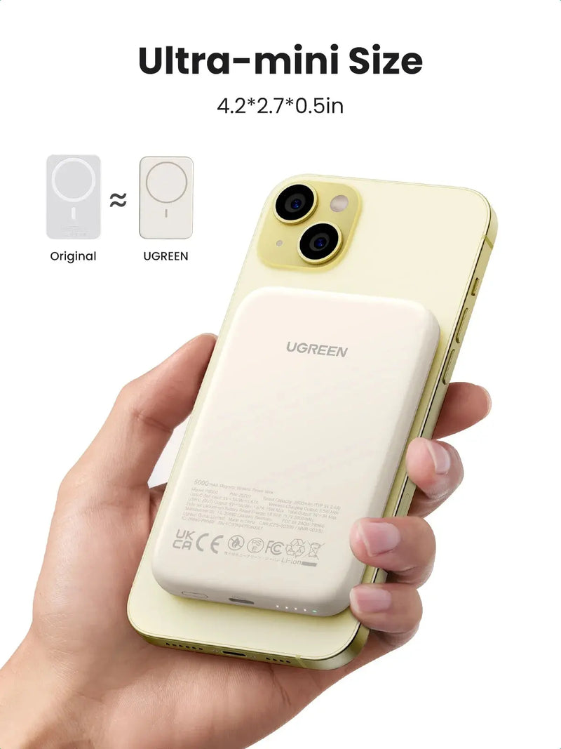 5000Mah Magnetic Power Bank for Iphone, Fast Portable Charger with USB-C Cable, White - Puck's