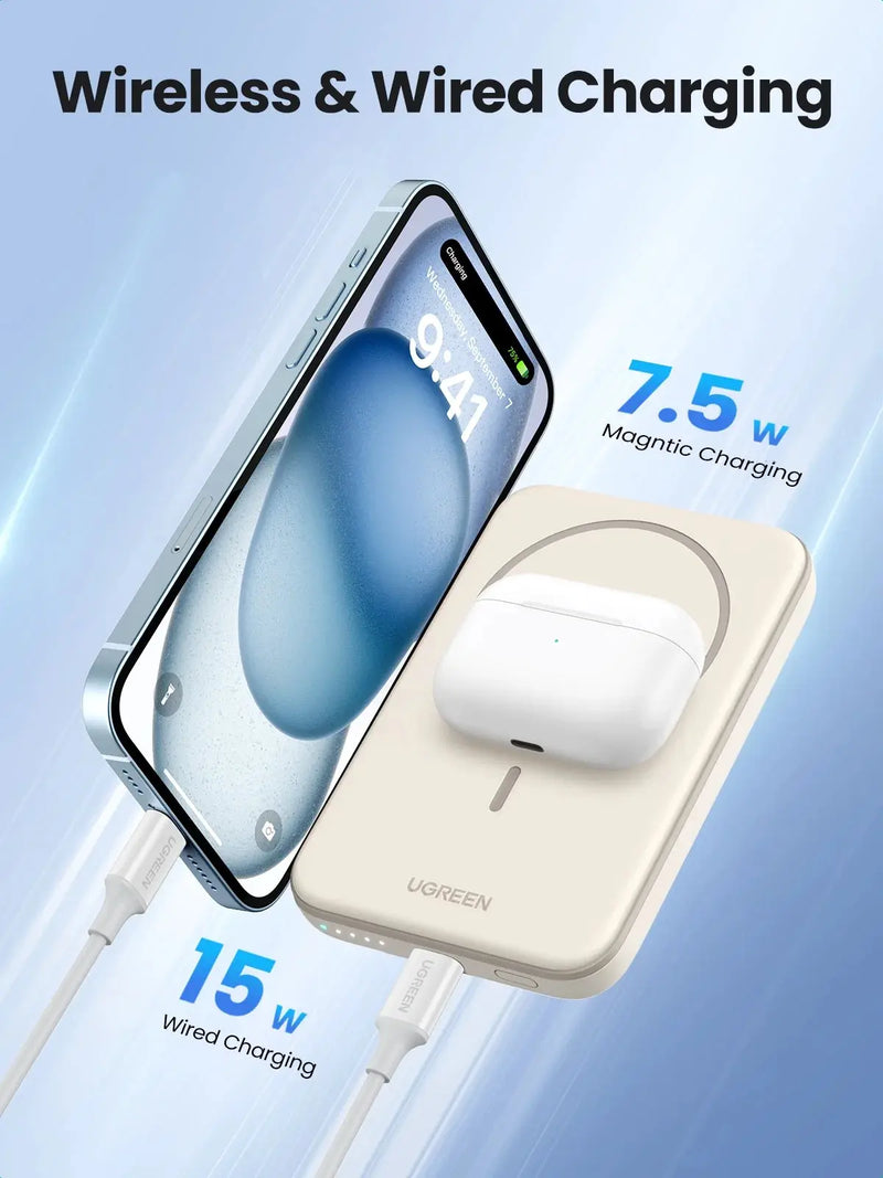 5000Mah Magnetic Power Bank for Iphone, Fast Portable Charger with USB-C Cable, White - Puck's