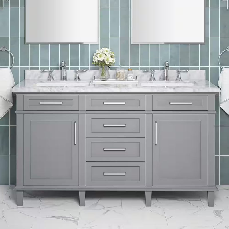 Sonoma 60 In. Dubbele Gootsteen Kiezel Grijs Bad Wastafel met Carrara Marmeren Bovenblad (Gemonteerd) - Puck's