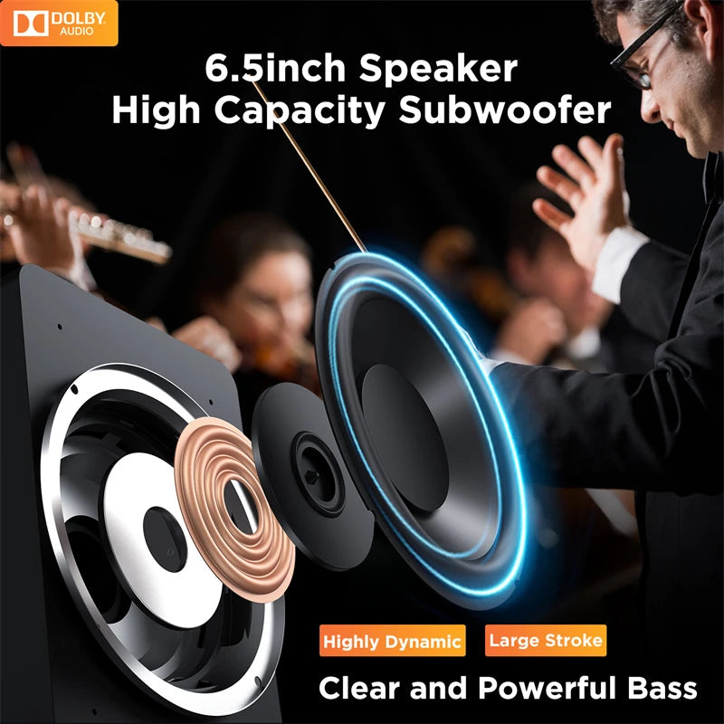 Hiwill D51W Dolby 5.1CH Soundbar Theater Sound Bar Surround Sound System 6 Drivers 3D Surround Sound Powerful Bass 3EQ Modes Wired Soundbar with 6.5'' Wireless Subwoofer - Puck's