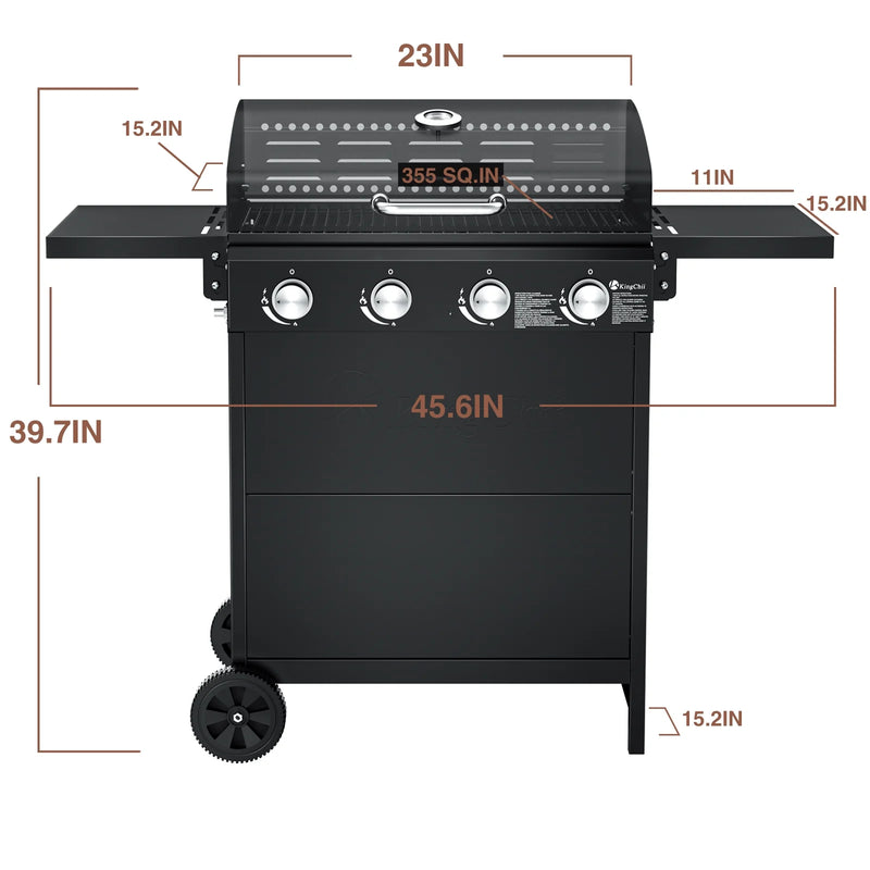 4-Burner Propane Grill, 38,000 Btus Gas Grill with Foldable Side Tables, Built-In Thermometer for Outdoor Grilling, Bbqs and Camping