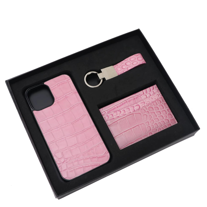 Customized Initials Gift Set Crocodile Pattern Leather Phone Case for Iphone Keychain Card Holder Gift Box Set Business Gift Set - Puck's