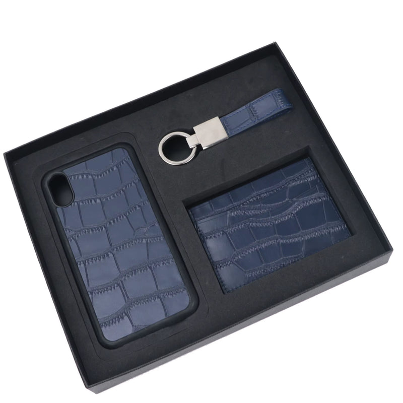Customized Initials Gift Set Crocodile Pattern Leather Phone Case for Iphone Keychain Card Holder Gift Box Set Business Gift Set - Puck's