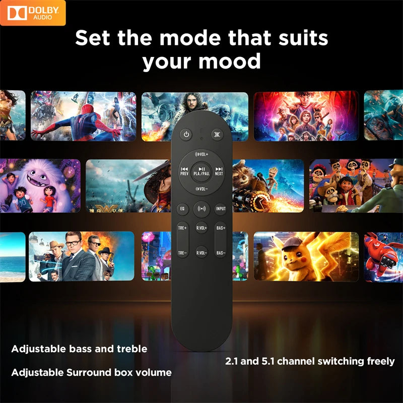 Hiwill D51W Dolby 5.1CH Soundbar Theater Sound Bar Surround Sound System 6 Drivers 3D Surround Sound Powerful Bass 3EQ Modes Wired Soundbar with 6.5'' Wireless Subwoofer - Puck's