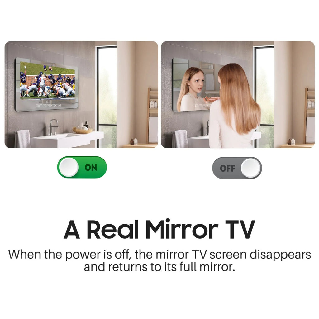 19 Inch Bathroom TV, 1080P Smart Mirror TV Google System NTSC & ATSC Tuner Support Wifi Bluetooth 500 Nits High Brightness, IP66 Waterproof TV for Bathroom Bathtub Hotel Shower Spa (Wall Mount) - Puck's