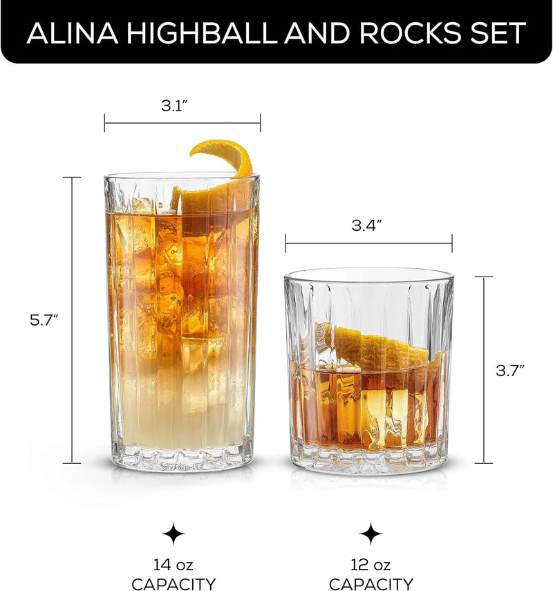 Alina Clear Ribbed Glass Drinking Glass Set, Highball Glasses and Tumbler Glasses - Set of 8 - Puck's