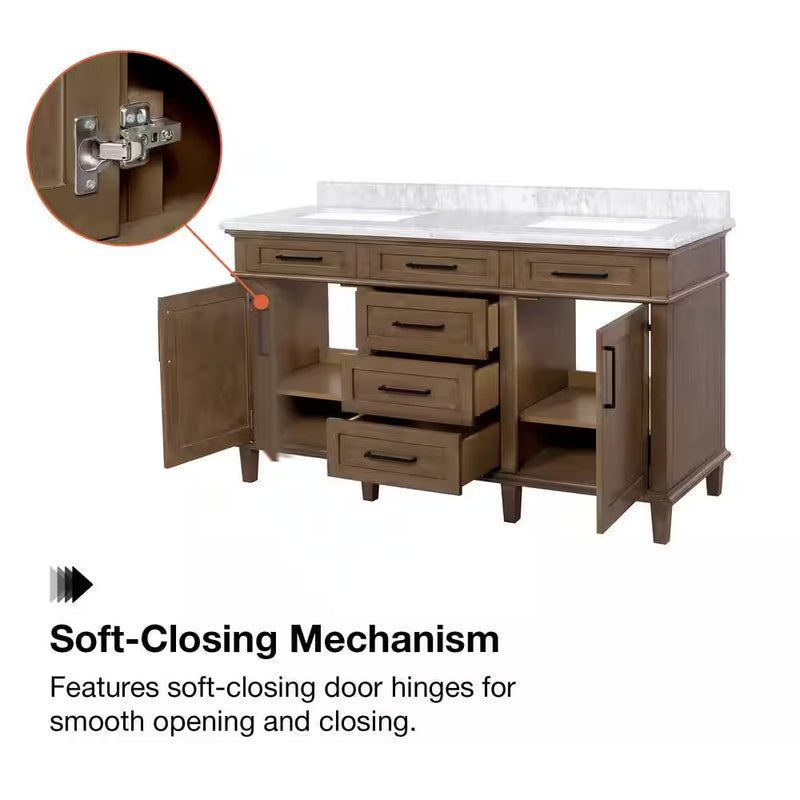 Sonoma 60 In. Dubbele Wastafel Almond Latte Badmeubel met Carrara Marmeren Bovenblad (Gemonteerd) - Puck's
