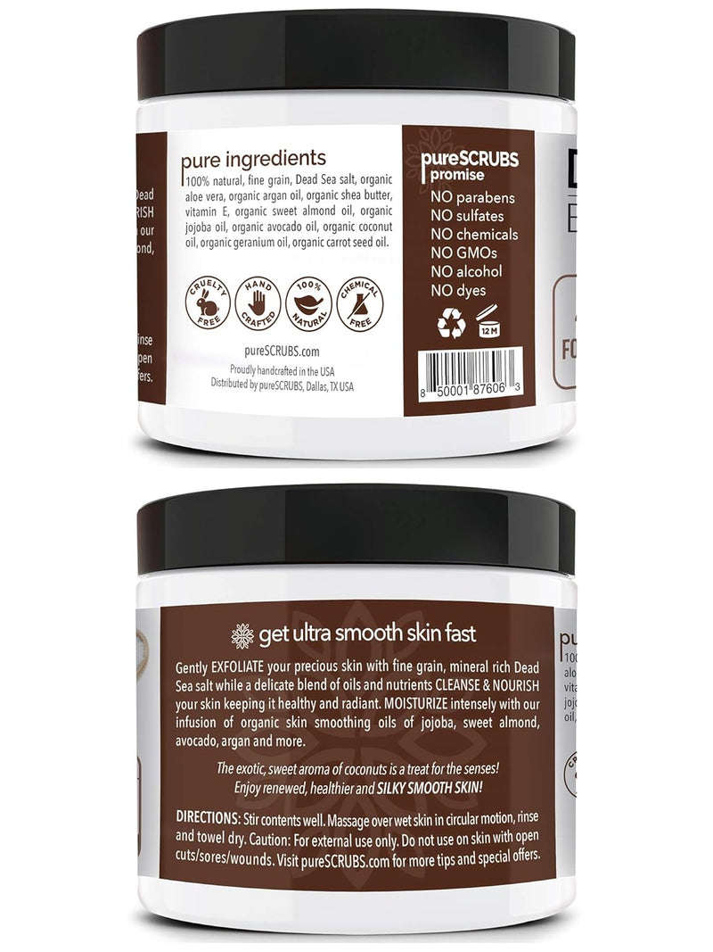 Premium Coconut Body Scrub Set - Large 16Oz Dead Sea Salt Body Scrub with Infused Essential Oils & Nutrients, Includes Wooden Spoon, Loofah & Oatmeal Exfoliating Bar Soap - Puck's