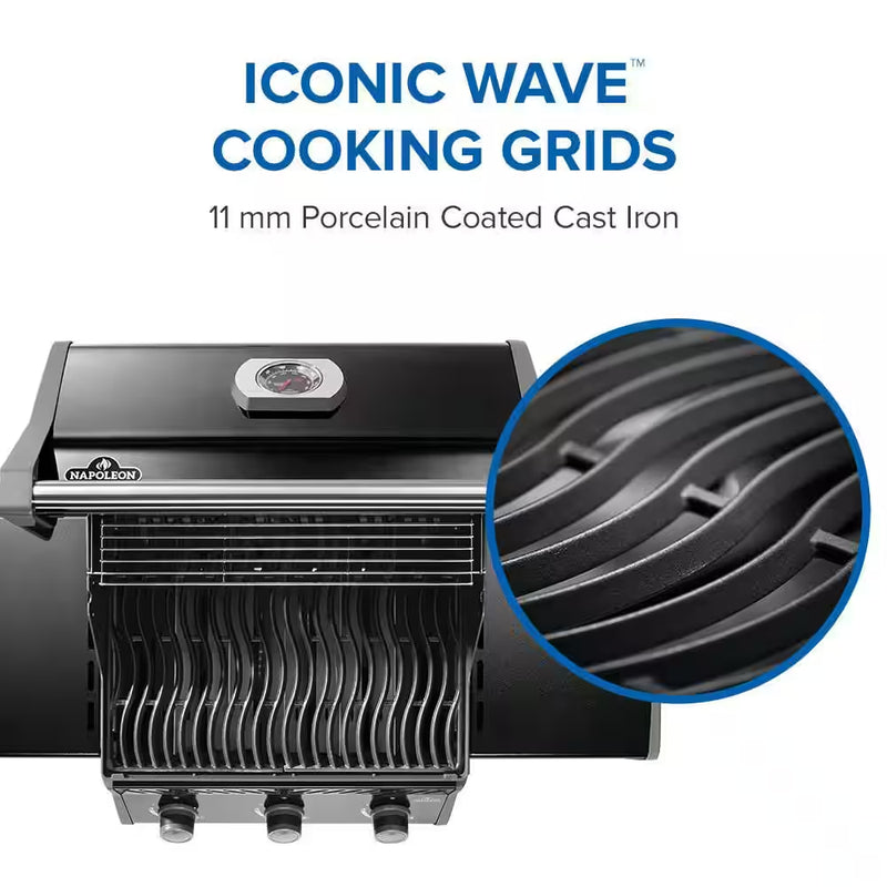Rogue 425 3-Burner Propane Gas Grill in Black with Cast Iron Cooking Grids
