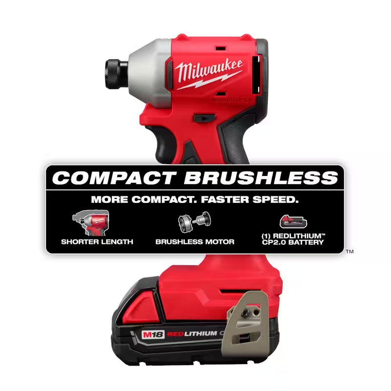 M18 18-Volt Lithium-Ion Compact Brushless Cordless 1/4 In. Impact Driver Kit with One 2.0 Ah Battery, Charger & Tool Bag - Puck's