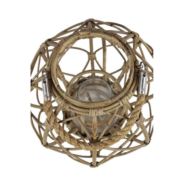 15"H Rustic Farmhouse Brown Woven Rattan Candle Lantern with Jute Rope Handle - Puck's