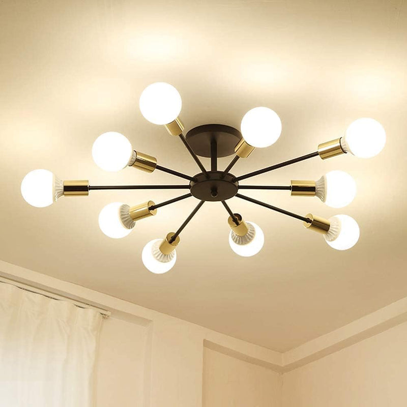 Lighting Mid Century Modern Black Gold Industrial Vintage Semi Flush Mount Close to Ceiling Light Farmhouse 10-Light Sputnik Chandelier Ceiling Lamp - Puck's