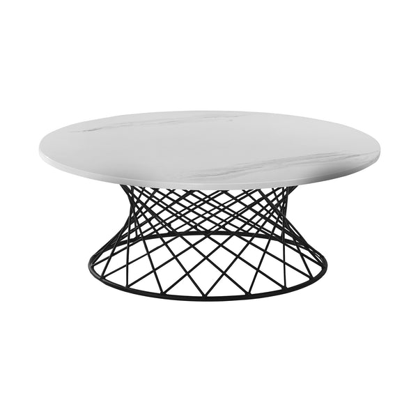 36" White And Black Genuine Marble And Metal Round Coffee Table-1