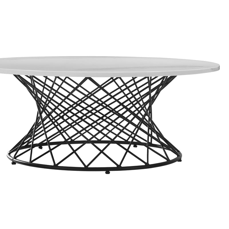 36" White And Black Genuine Marble And Metal Round Coffee Table-2