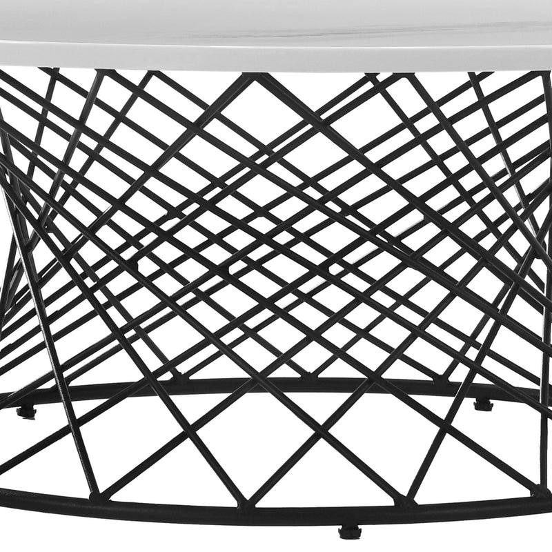 36" White And Black Genuine Marble And Metal Round Coffee Table-4