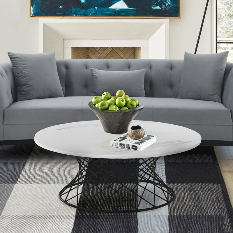 36" White And Black Genuine Marble And Metal Round Coffee Table-6
