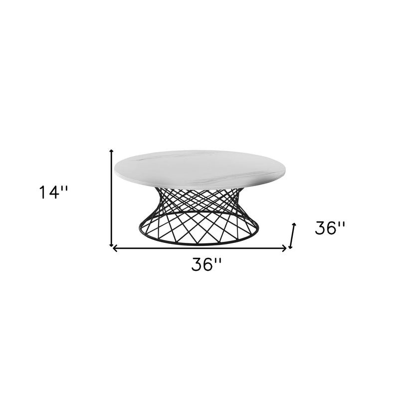 36" White And Black Genuine Marble And Metal Round Coffee Table-7