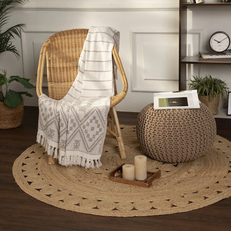 · round Pouf Ottoman - Hand Knitted Cable Boho Poof Home Décor Pouffe Circular Footrest for Living Room - Bedroom - Lounge - 100% Cotton (19.5"X19.5"X14") - Beige - Puck's