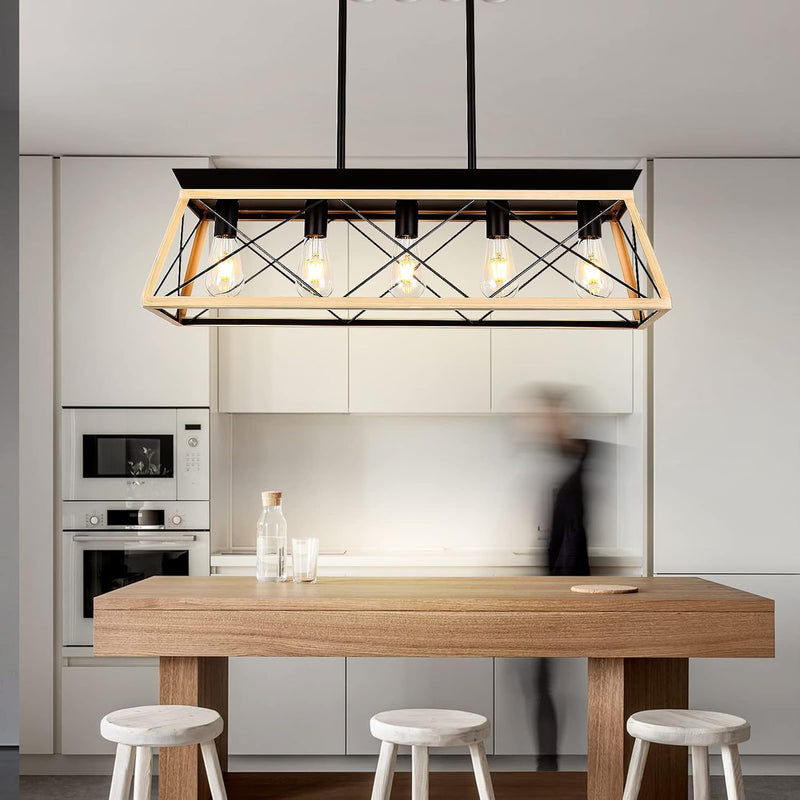 5-Light Kitchen Island Pendant Lighting, 31.5 Inch Farmhouse Chandelier,Rustic Linear Lighting Fixtures Ceiling, Dining Room Light Fixtures with White & Wood Painting - Puck's