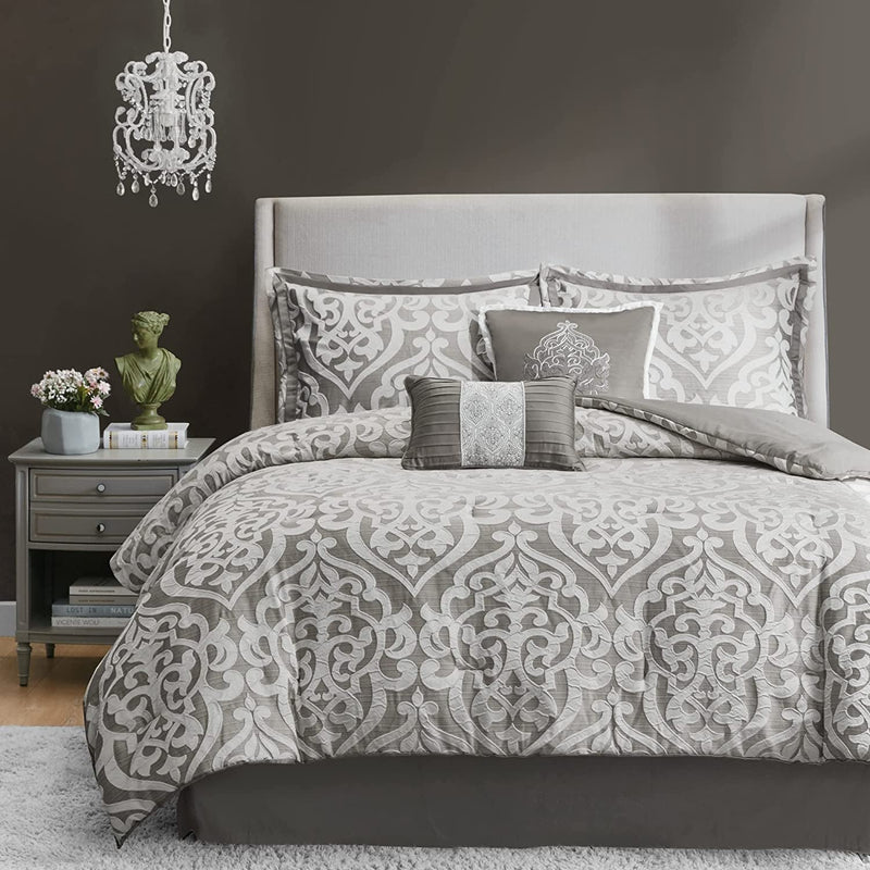Tesla Cozy Comforter Set Jacquard Damask Medallion Design - All Season down Alternative Bedding, Shams, Bedskirt, Decorative Pillows, Queen, Silver 6 Piece - Puck's