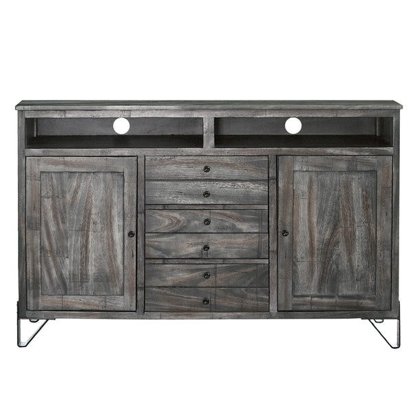 60" Gray Solid Wood Cabinet Enclosed Storage Distressed TV Stand-1