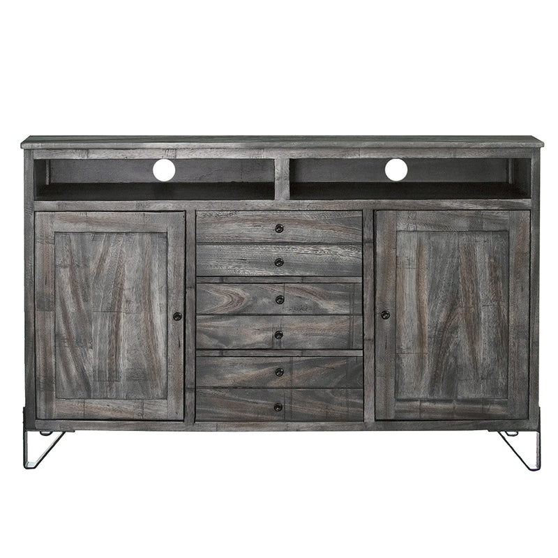60" Gray Solid Wood Cabinet Enclosed Storage Distressed TV Stand-1