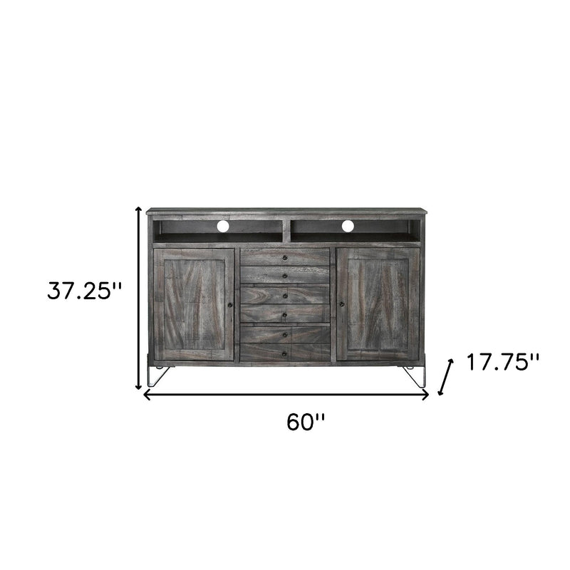 60" Gray Solid Wood Cabinet Enclosed Storage Distressed TV Stand-2