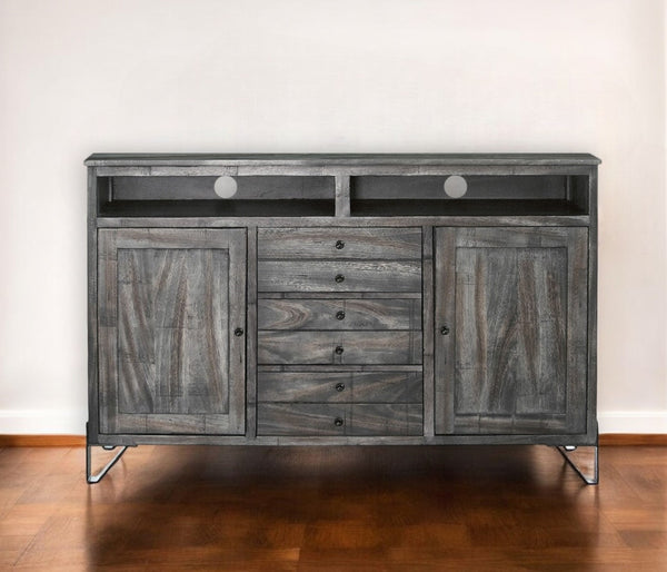 60" Gray Solid Wood Cabinet Enclosed Storage Distressed TV Stand-0