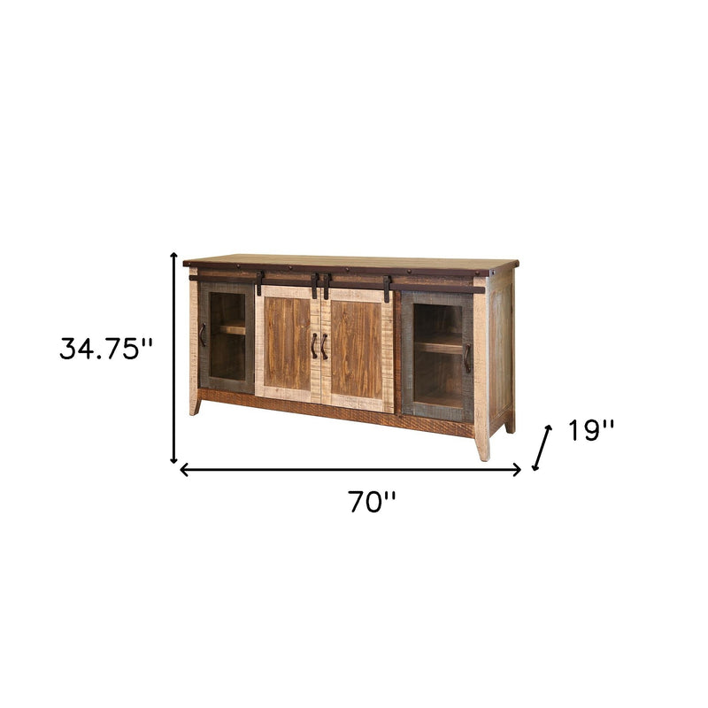 70" Brown Solid Wood Cabinet Enclosed Storage Distressed TV Stand-2