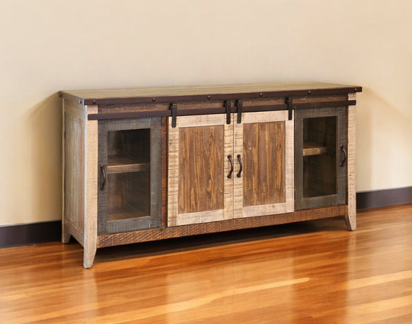 70" Brown Solid Wood Cabinet Enclosed Storage Distressed TV Stand-0