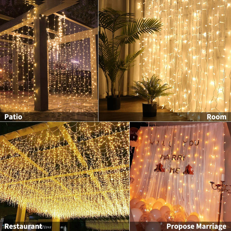 300 LED Curtain String Lights, 9.8 FT Hanging Fairy Lights with Remote, 8 Modes, Connectable Waterproof Window Lights for Bedroom Backdrop Wedding Outdoor Christmas Party, Warm White - Puck's