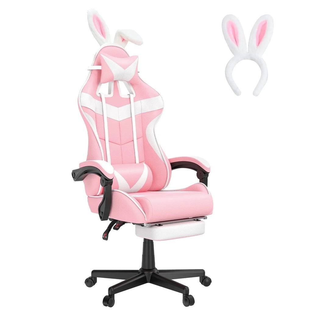 Pink Gaming Chair, Adult Game Gamer with Footrest & Massage Lumbar Pillow for Kid, Ergonomic High Back Office Chairs with Bunny Ear, Pink - Puck's