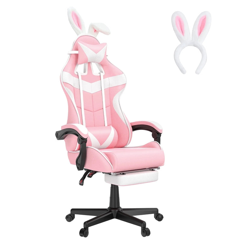 Pink Gaming Chair, Adult Game Gamer with Footrest & Massage Lumbar Pillow for Kid, Ergonomic High Back Office Chairs with Bunny Ear, Pink - Puck's