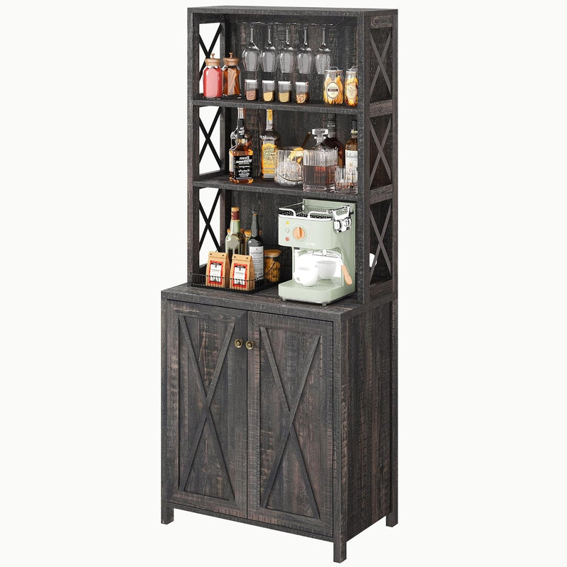 67" Tall Wine Bar Cabinet for Liquor and Glasses, Farmhouse Kitchen - Puck's