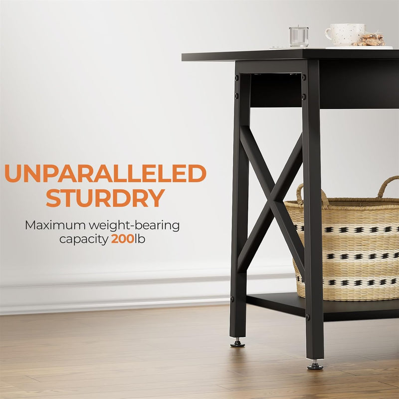 End Table 24 Inch for Living Room, Large Square Side Tables with X-Frame, Tall Industrial Bedside Nightstand with 2-Tier Storage, Black - Puck's