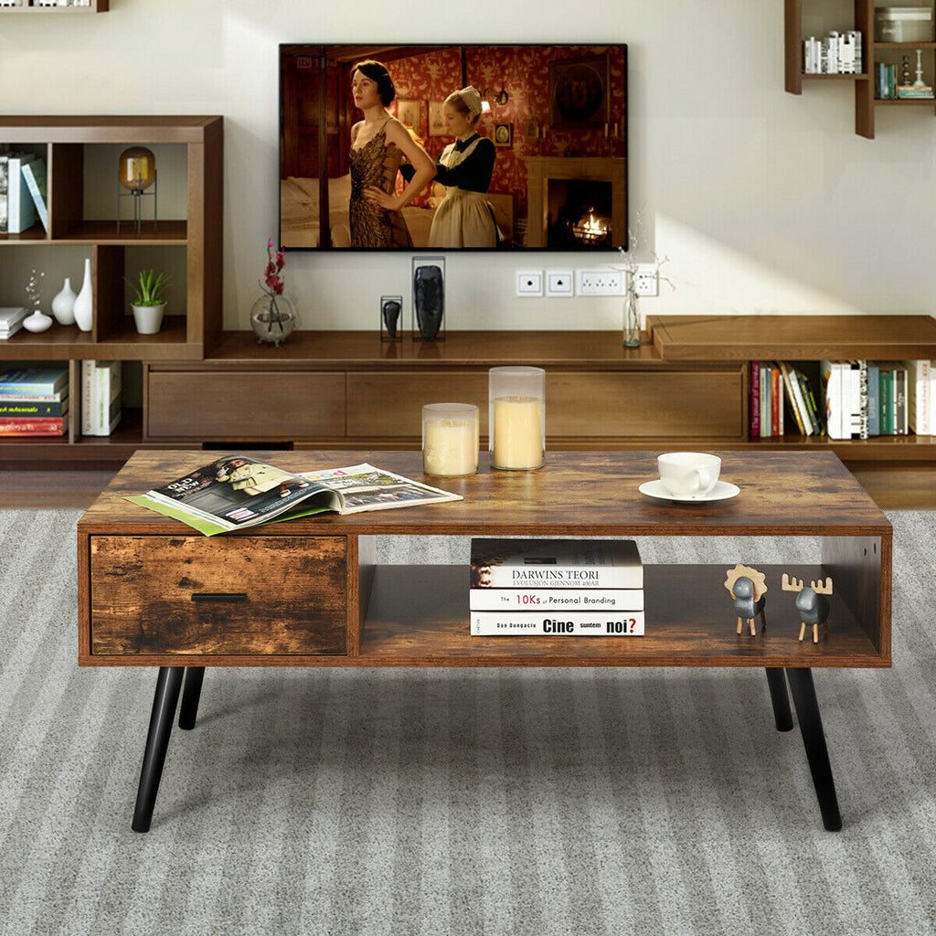 Retro Coffee Table Mid Century Modern Living Room Furniture W/Open Storage Shelf - Puck's