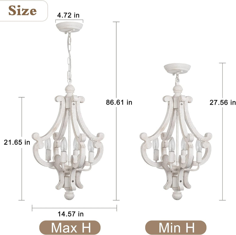 Farmhouse Rustic Wood Light Fixture Distressed White Dining Room Pendant Chandelier French Country 4 Light Candle Hanging Lamp for Kitchen Island Living Room Bedroom Entryway Foyer - Puck's