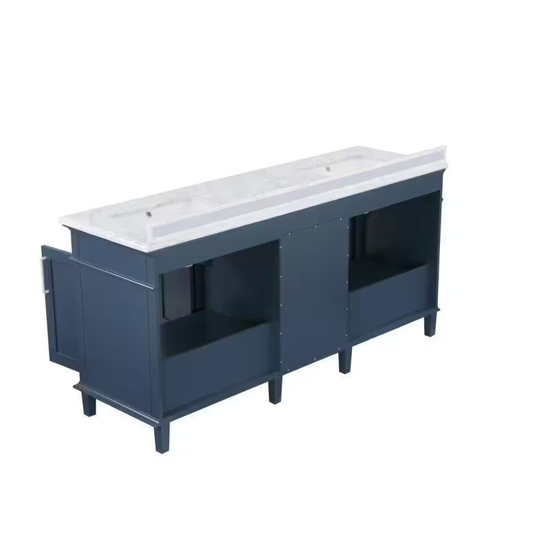 Sonoma 72 In. Dubbele Wastafel Midnight Blue Badmeubel met Carrara Marmeren Bovenblad (Gemonteerd) - Puck's