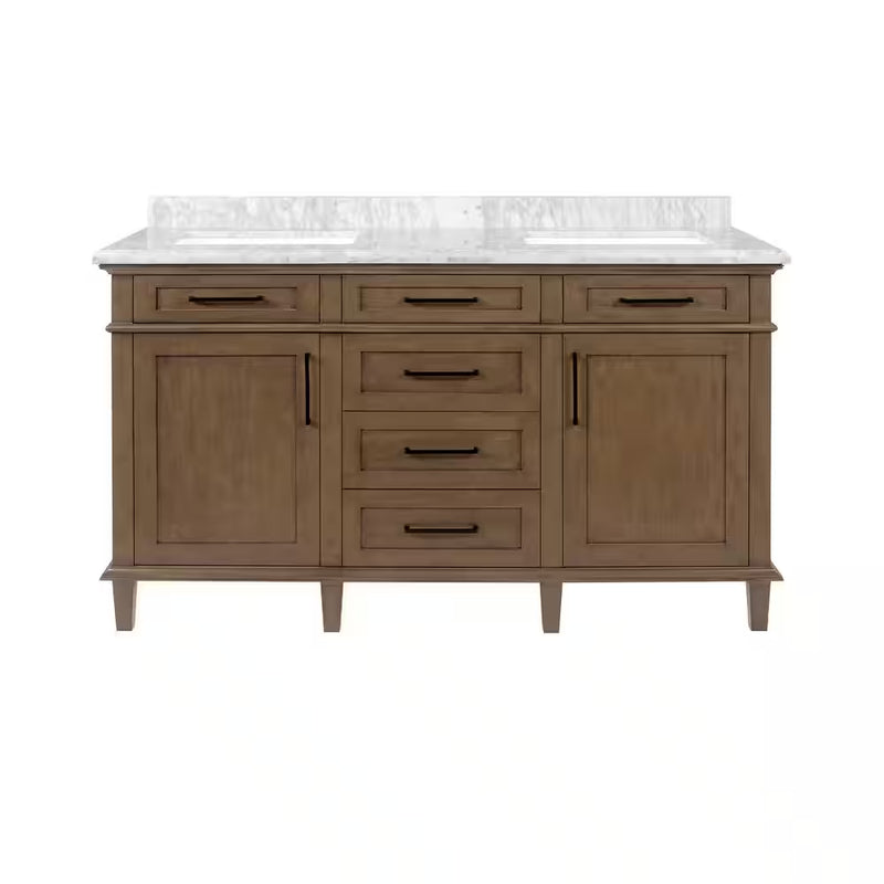 Sonoma 60 In. Dubbele Wastafel Almond Latte Badmeubel met Carrara Marmeren Bovenblad (Gemonteerd) - Puck's