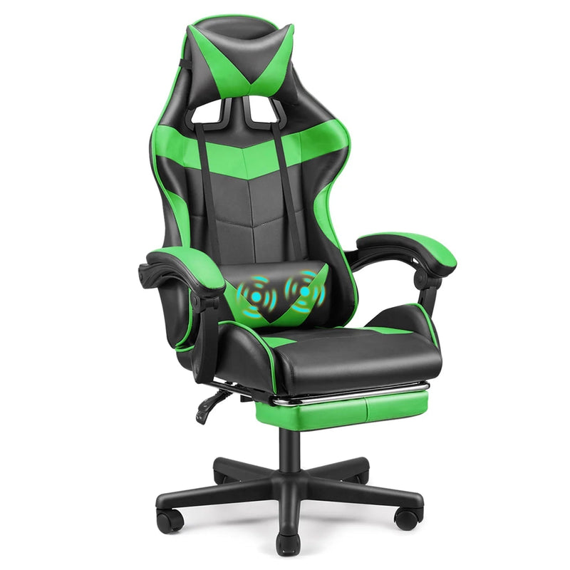 Gaming Chair Computer Chair with Footrest, Office Chair with Lumbar Massage Pillow, Racing Ergonomic Game Chair , Swivel Gamers Chair for Adults Kids, Green - Puck's