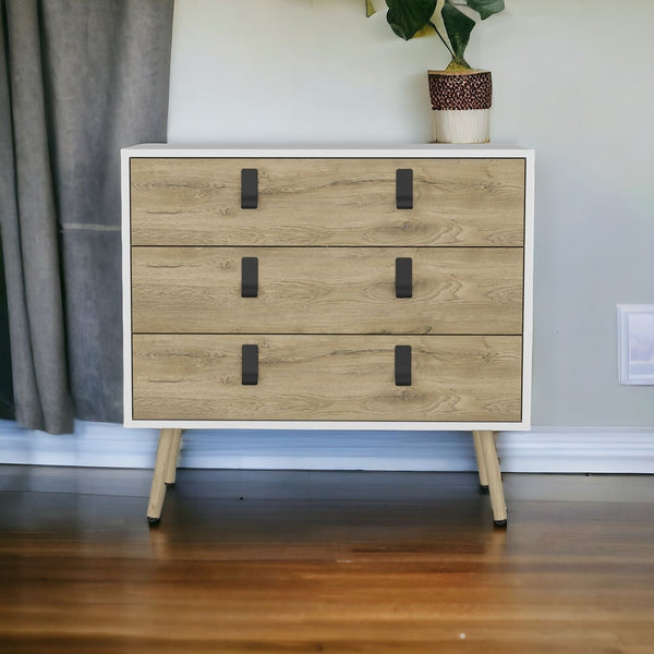 32" White and Natural Three Drawer Dresser-1