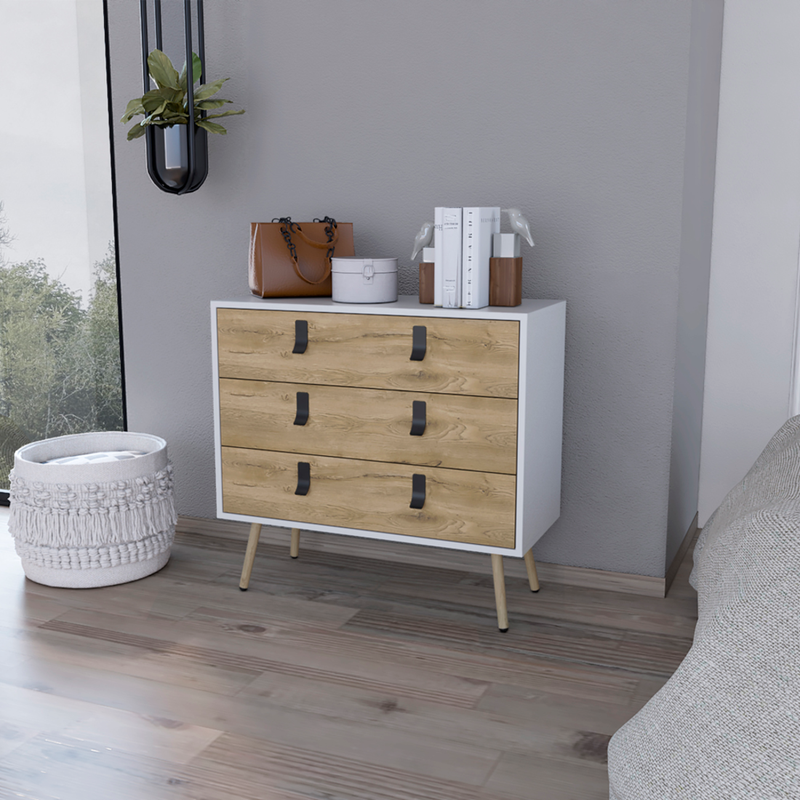 32" White and Natural Three Drawer Dresser-7
