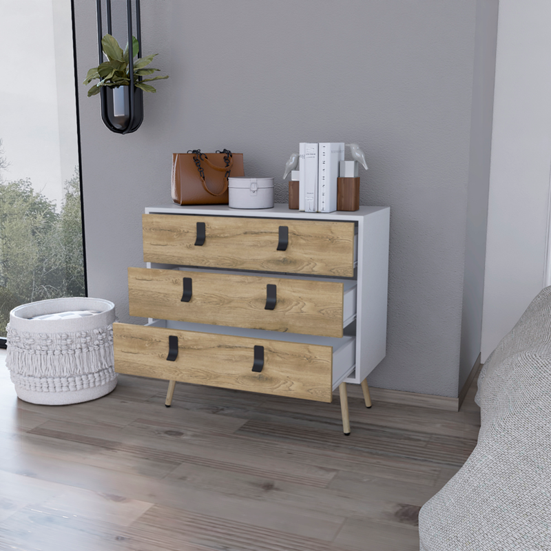 32" White and Natural Three Drawer Dresser-8