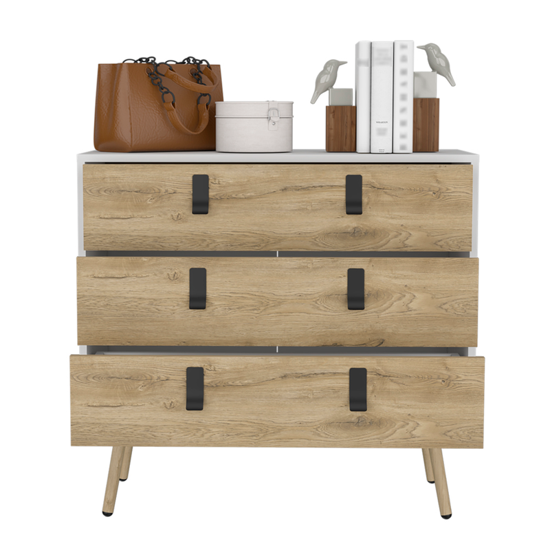 32" White and Natural Three Drawer Dresser-3