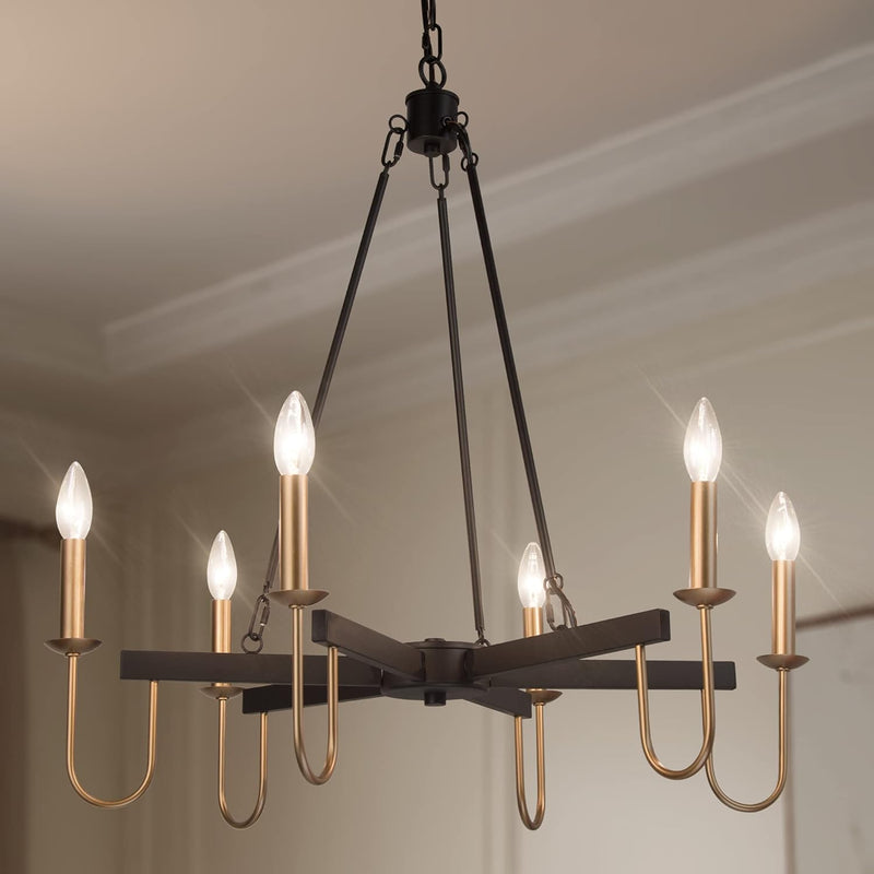 Modern Chandelier, 28" Large Dining Room Chandelier Light Fixture, 6-Light Black and Gold Chandelier, Wagon Wheel Ceiling Lighting Fixture for Living Room, Bedroom, Kitchen - Puck's