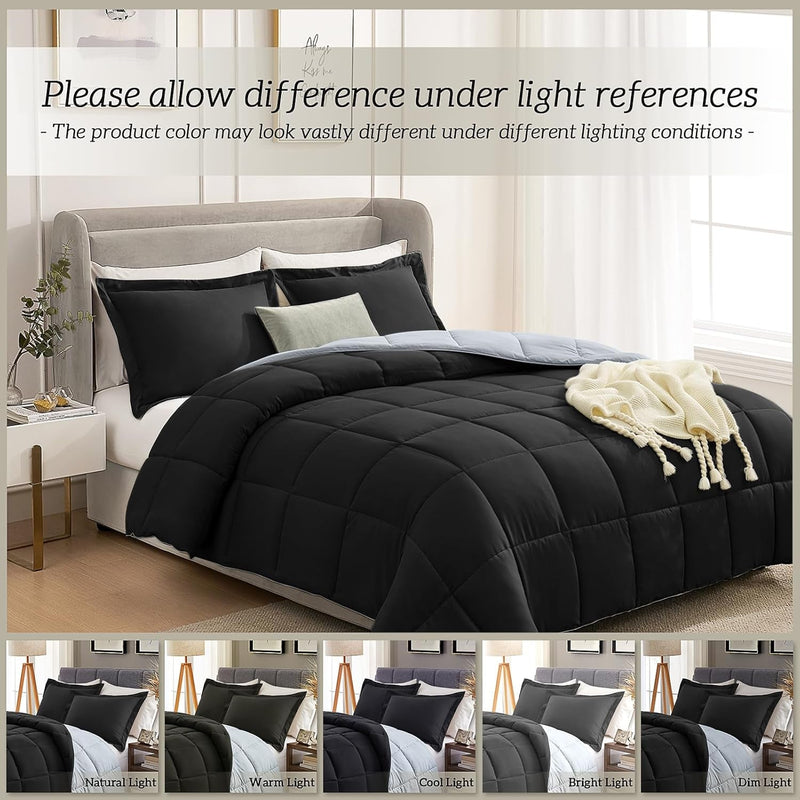 King Size Comforter Set Black, Lightweight Reversible Comforter Sets King Size Bed, Soft down Alternative King Bedding Sets All Season 3 Pcs Bed Set with 2 Shams Black/Light Grey - Puck's