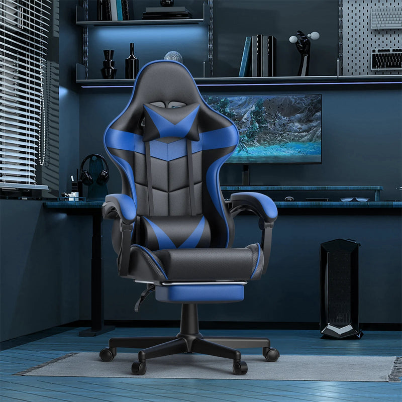 Gaming Chair with Footrest, Ergonomic Office Chair High Back with Headrest & Massage Lumbar Support, Swivel Leather Chairs, Blue - Puck's